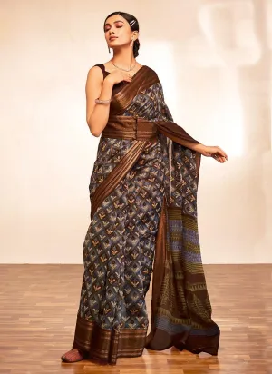 Art Silk Fabric Brown Color Printed Saree With Sleeveless Blouse