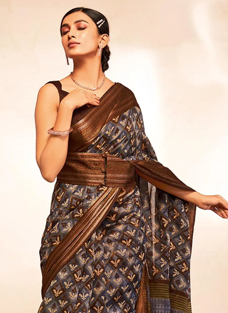 Art Silk Fabric Brown Color Printed Saree With Sleeveless Blouse