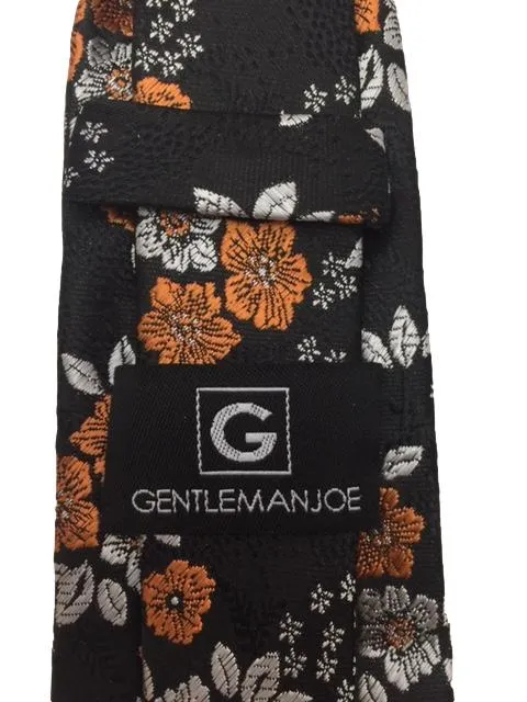 Black Tie with Orange and Light Silver Flowers