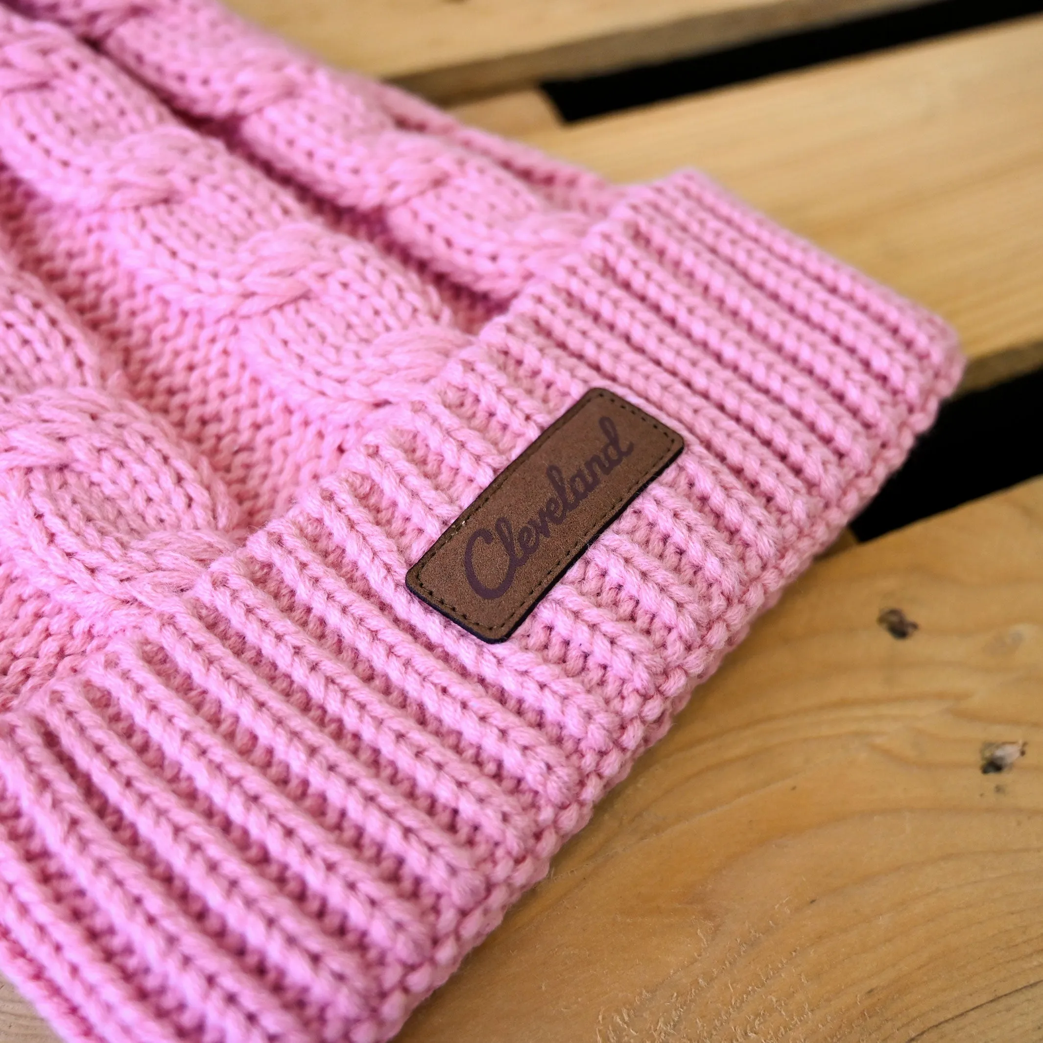 Cleveland Leather Patch Cable Knit Beanie - Pink