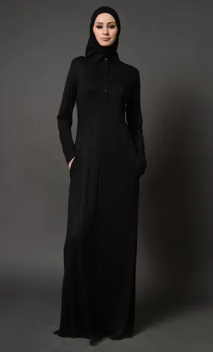 Collared Everyday Wear Basic Abaya Dress - Black - Final Sale