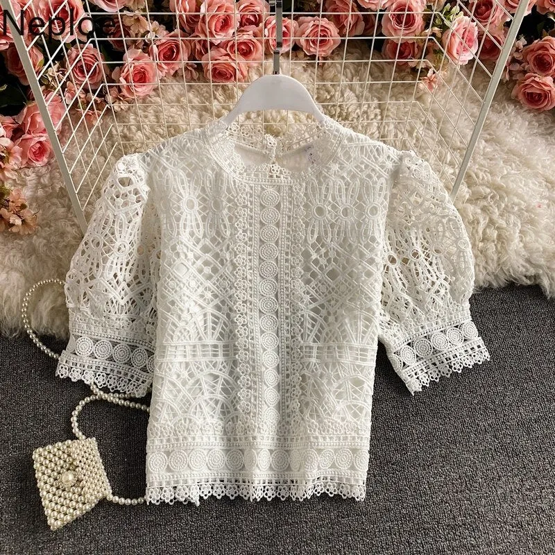 deanwangkt Mujer De Moda  Vintage Puff Sleeve Blouses Hollow Out Crochet Floral Crop Tops Korean Summer Elegant Lace Shirts