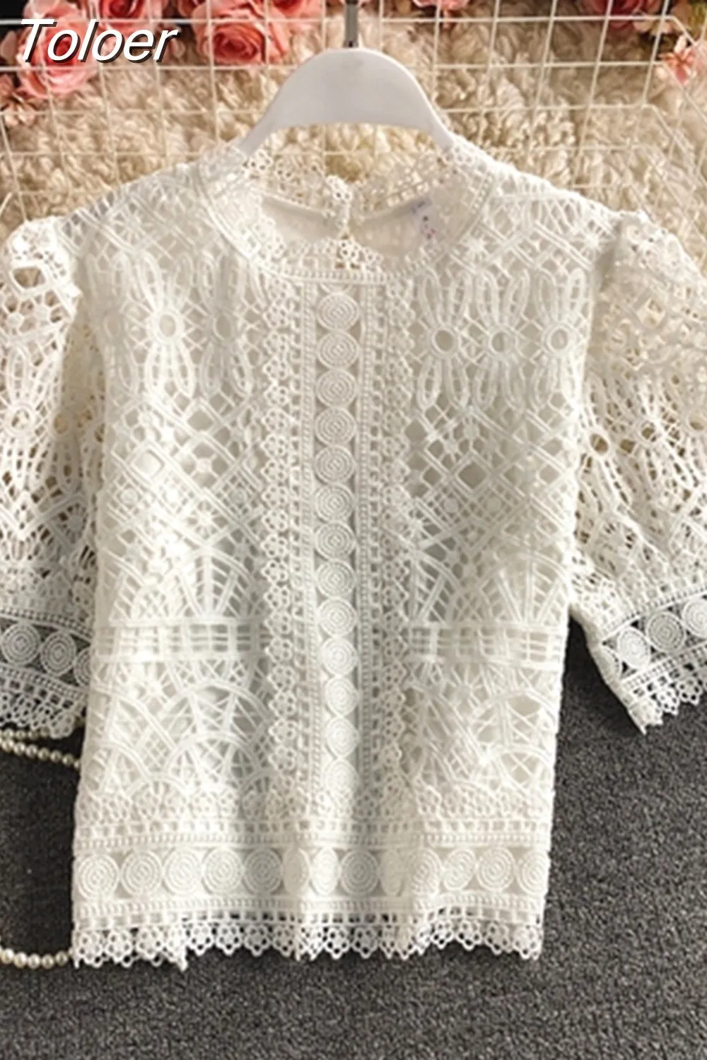 deanwangkt Mujer De Moda  Vintage Puff Sleeve Blouses Hollow Out Crochet Floral Crop Tops Korean Summer Elegant Lace Shirts