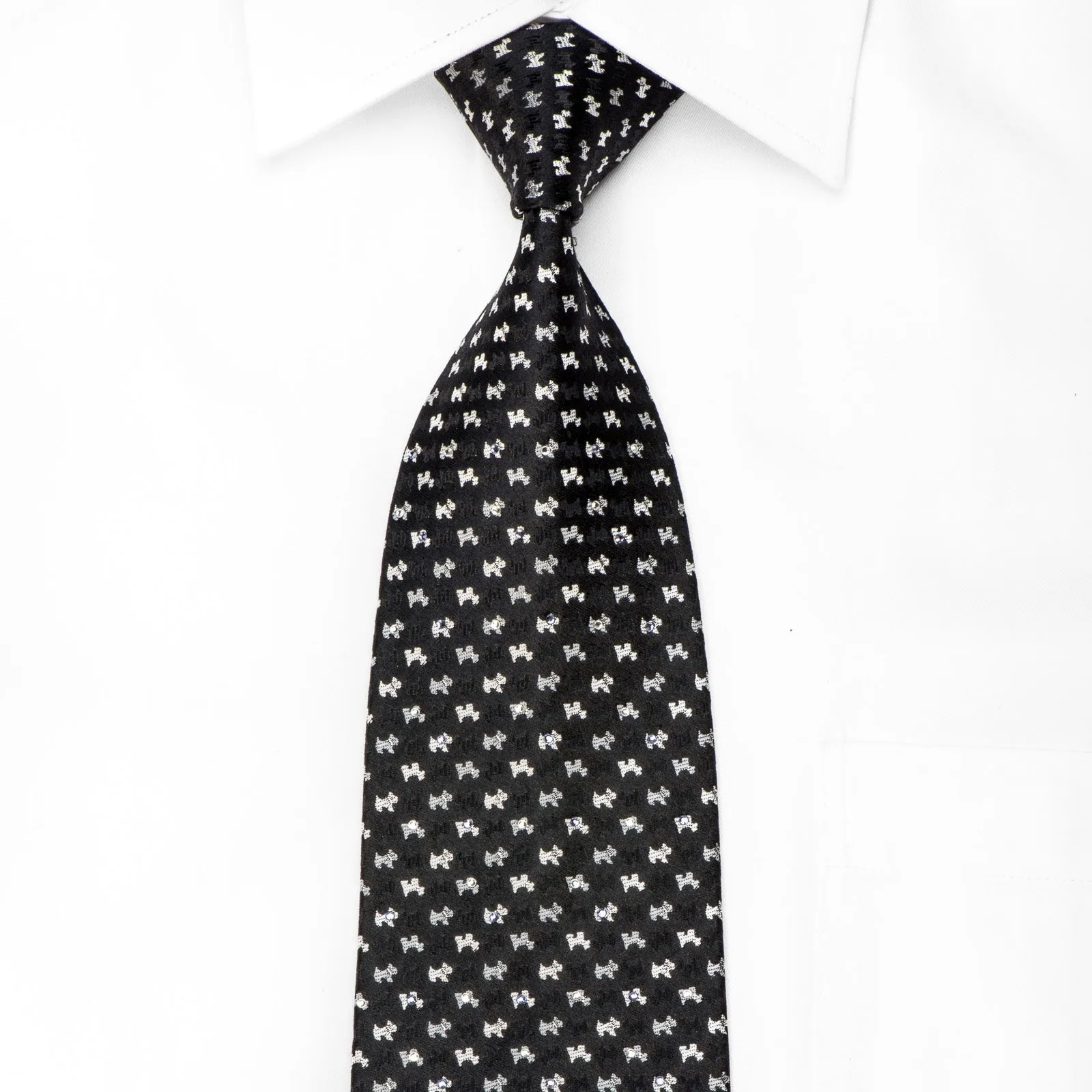 Guy Laroche Men's Crystal Silk Tie Silver Scottie Dogs On Black With Silver Sparkles