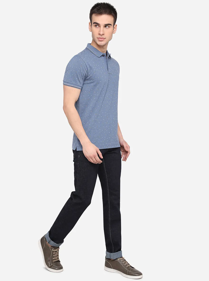 Heaven Blue Printed Slim Fit Polo T-Shirt | Greenfibre
