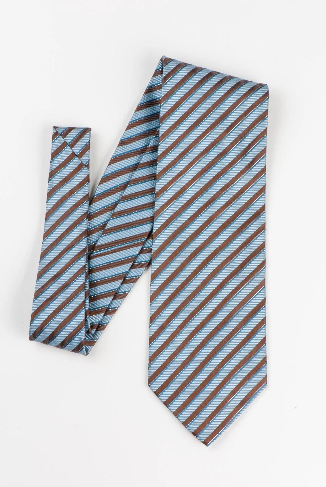Indian Homme Silk Neck Tie Brown Blue Stripes With Silver Sparkles 3 3/4 Inch