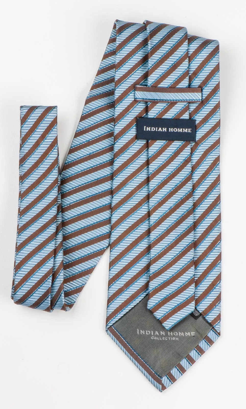 Indian Homme Silk Neck Tie Brown Blue Stripes With Silver Sparkles 3 3/4 Inch
