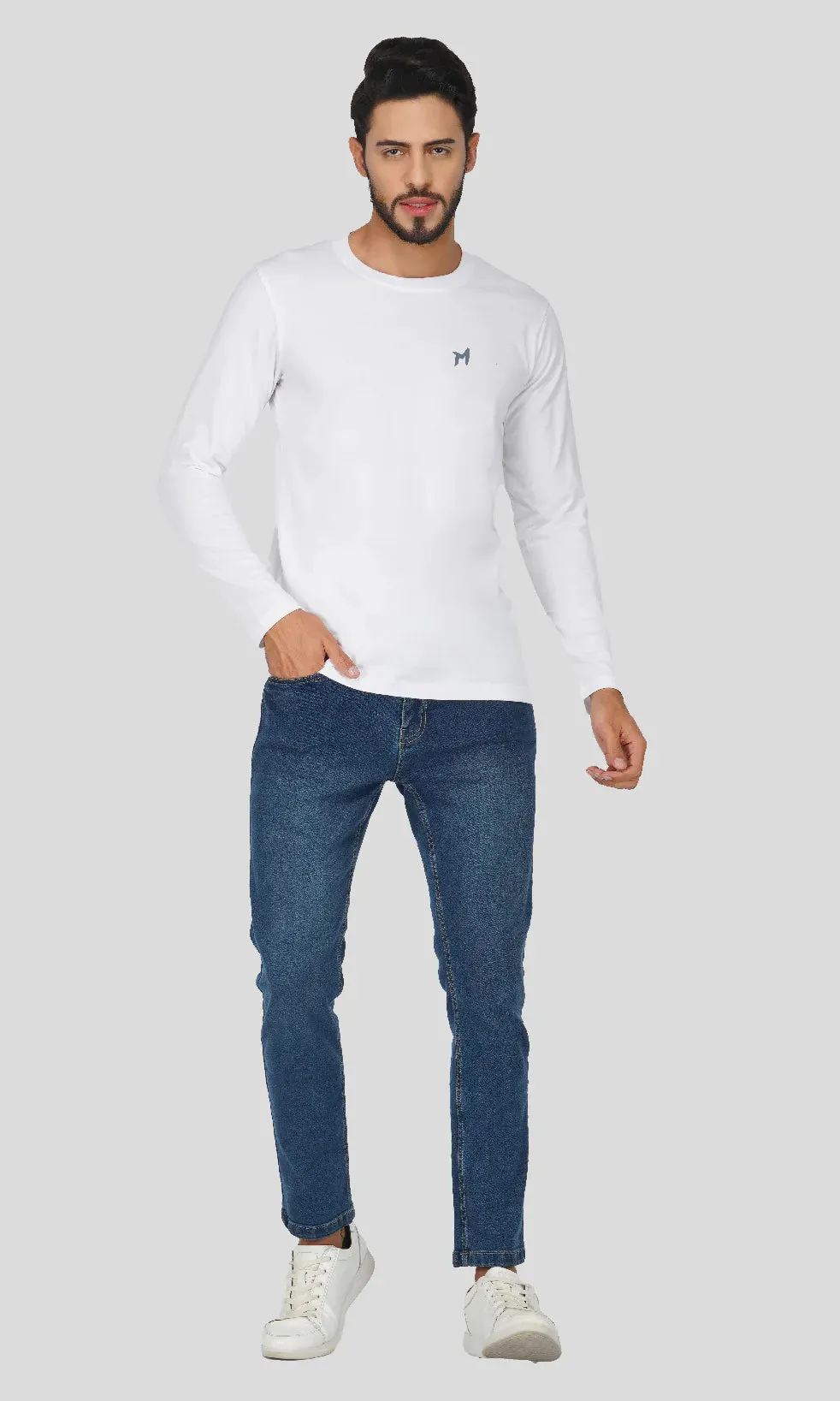 Mebadass Cotton Mens Fullsleeve Regular Size T-shirt - White