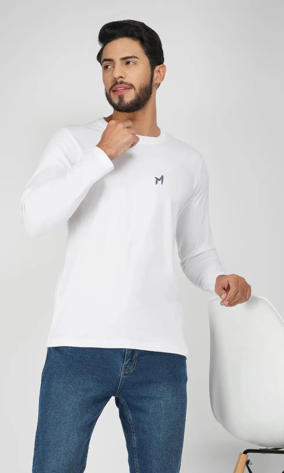 Mebadass Cotton Mens Fullsleeve Regular Size T-shirt - White
