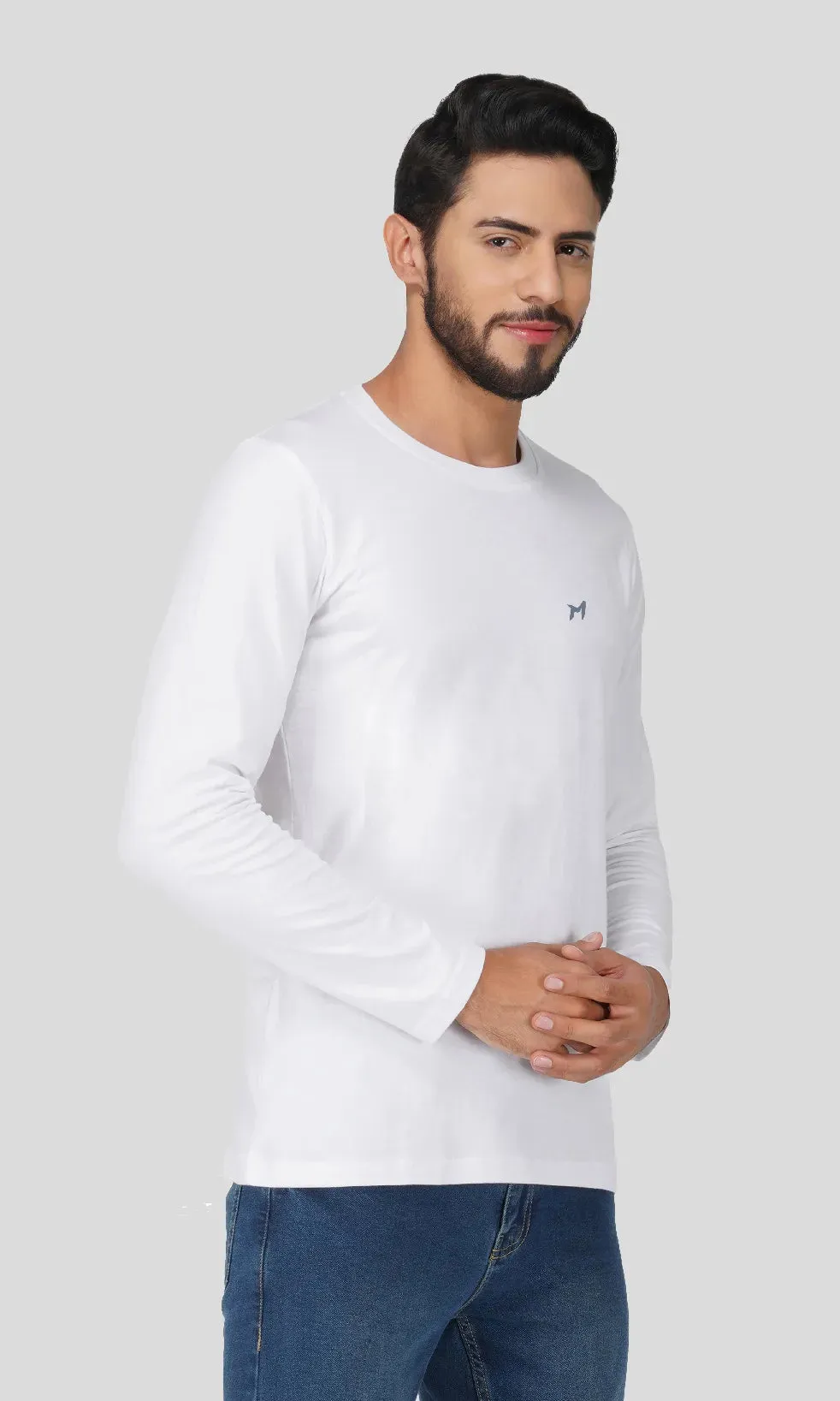Mebadass Cotton Mens Fullsleeve Regular Size T-shirt - White