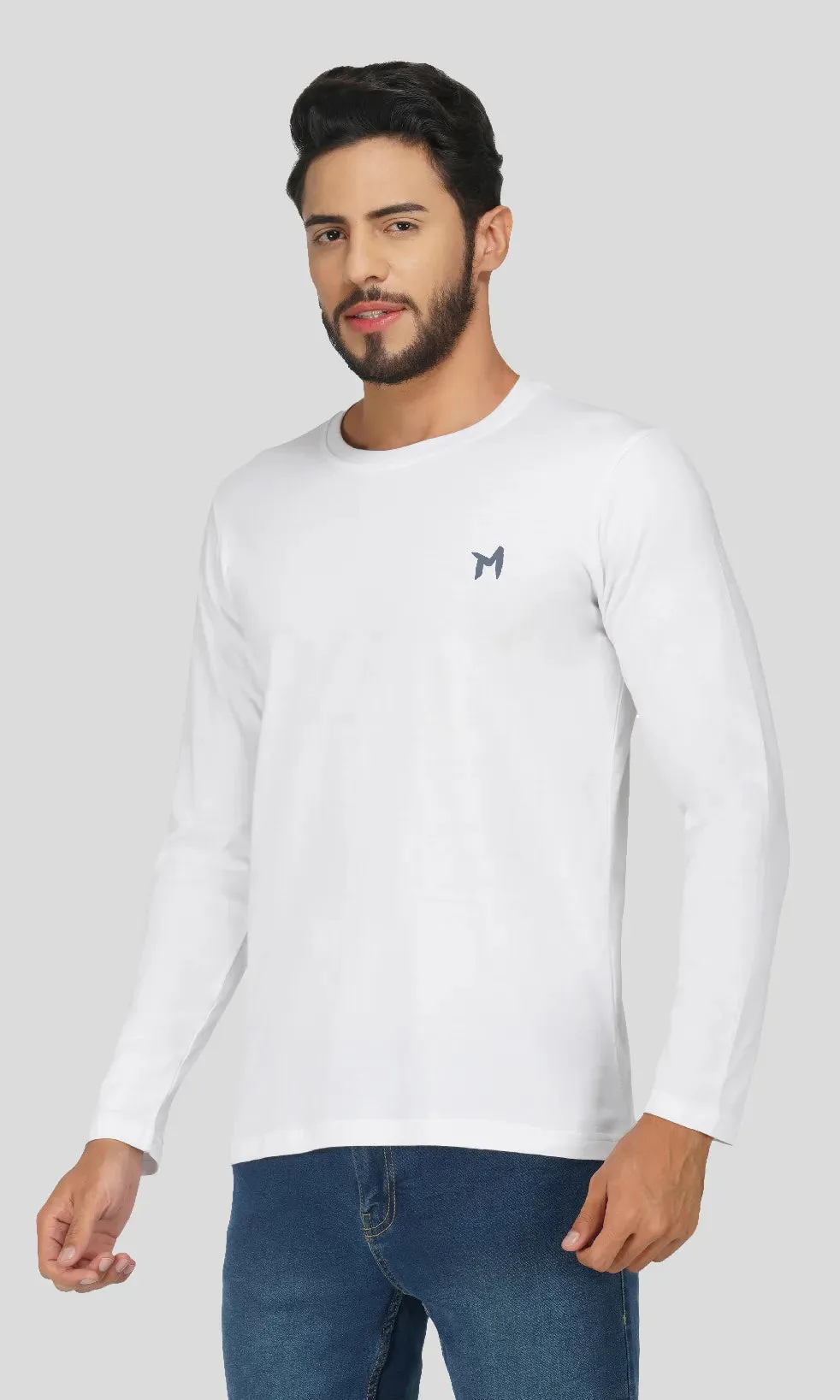 Mebadass Cotton Mens Fullsleeve Regular Size T-shirt - White