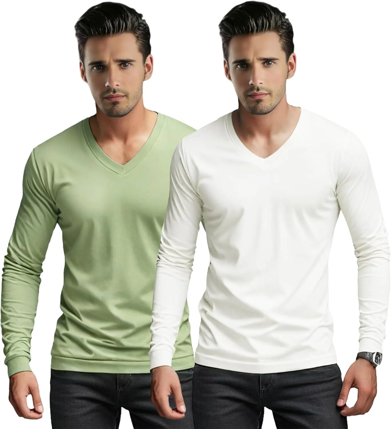 Men's V-Neck T-Shirt Long Sleeve - Cotton Blend Tee Undershirt, Soft Pajamas Top,Casual V-Neck T-Shirts for 2025