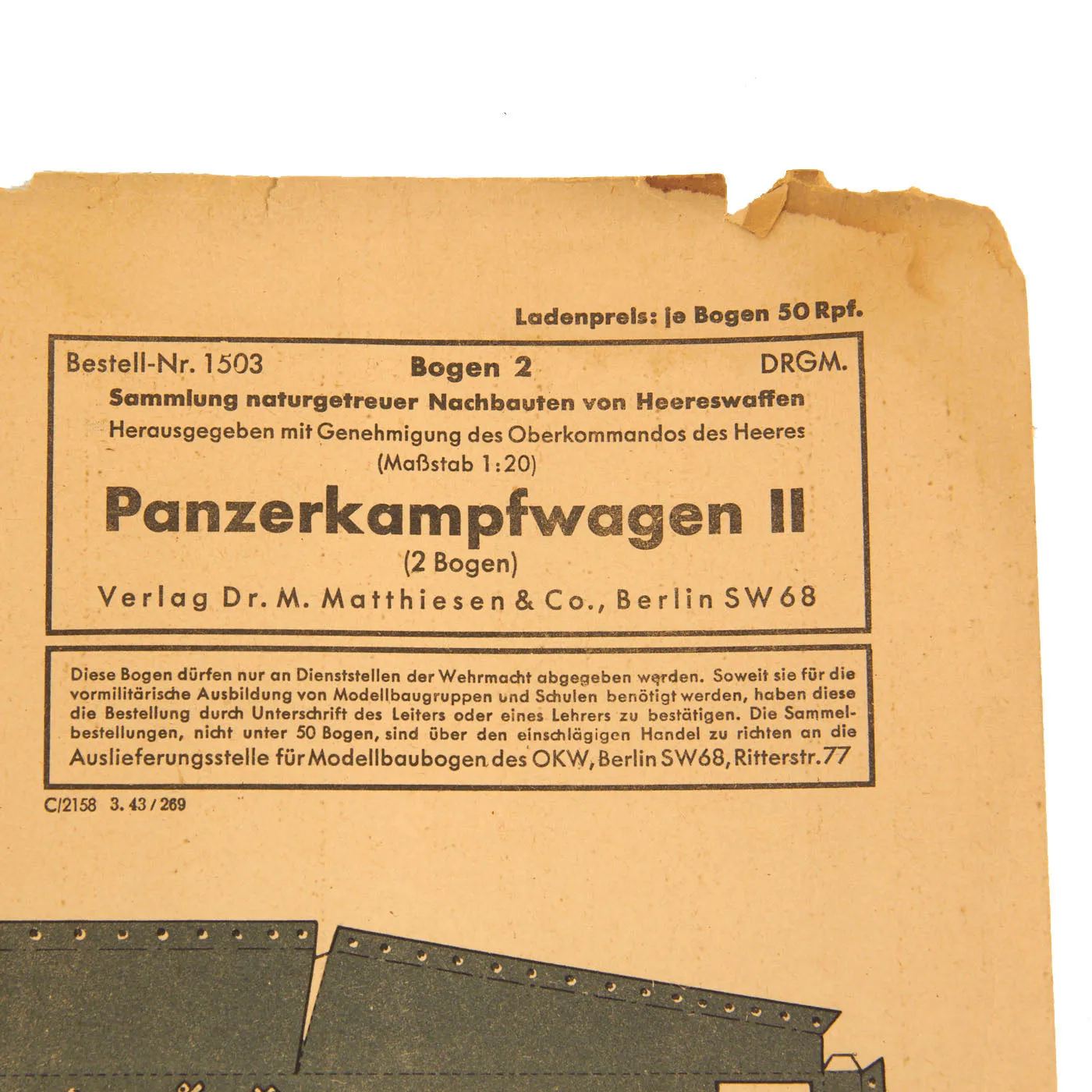 Original German WWII Unused Panzerkampfwagen II 1:20 Scale Paper Model Training Set by Dr. M. Matthiesen & Co. dated 1942 - 2 Build Sheets