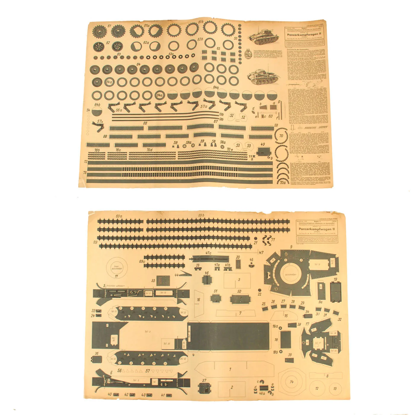Original German WWII Unused Panzerkampfwagen II 1:20 Scale Paper Model Training Set by Dr. M. Matthiesen & Co. dated 1942 - 2 Build Sheets