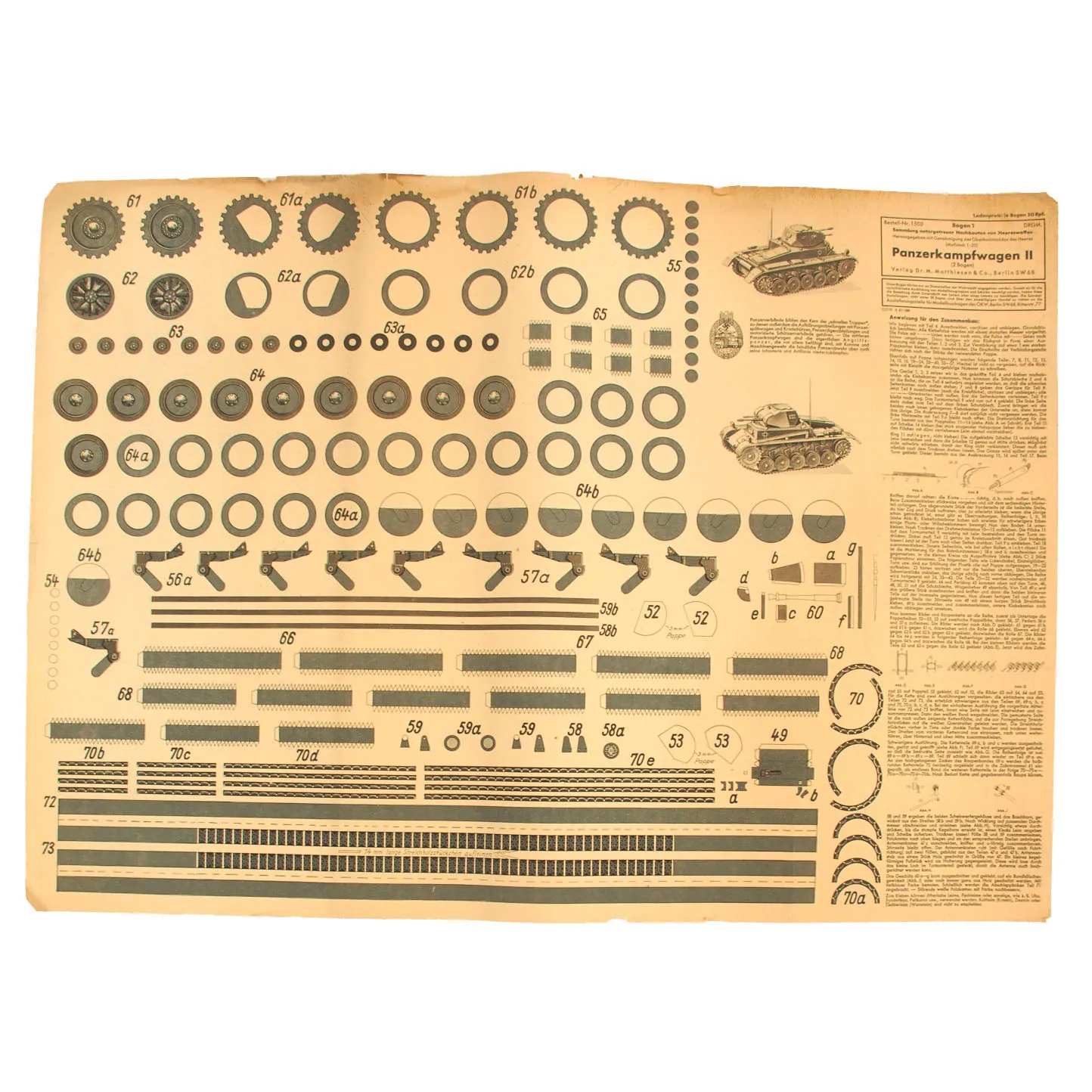 Original German WWII Unused Panzerkampfwagen II 1:20 Scale Paper Model Training Set by Dr. M. Matthiesen & Co. dated 1942 - 2 Build Sheets