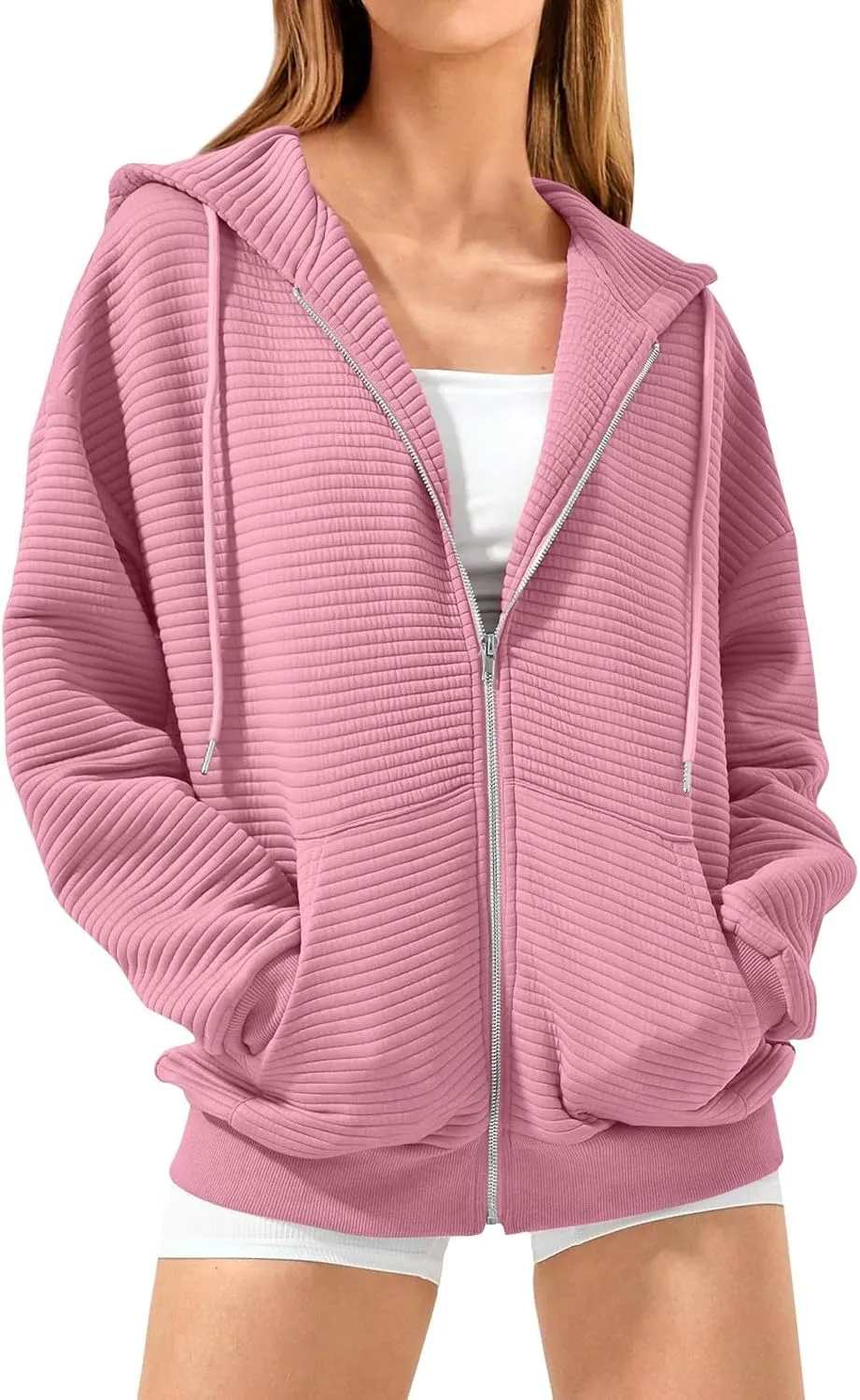 Oversized Zip Up Hoodie Women Long Sleeve Hooded Preppy Sweatshirts with Pockets Casual Jacket Y2k Fall Outfits 2024