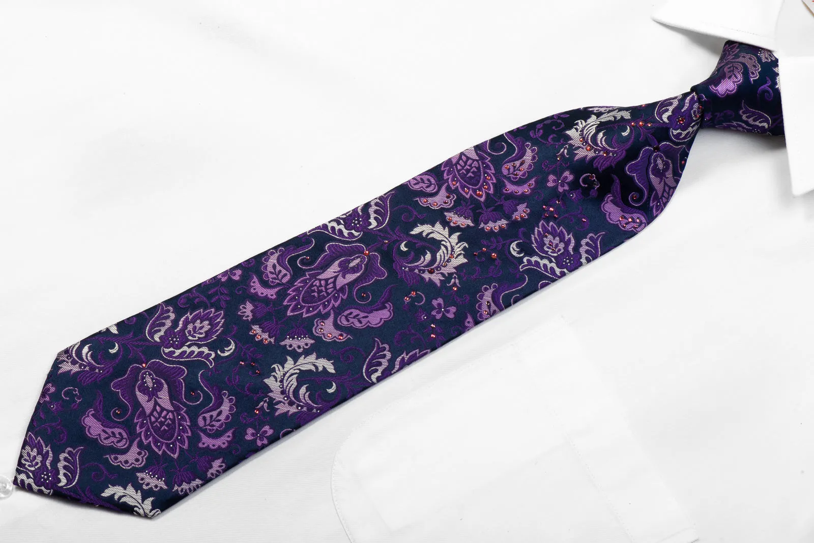Parkland Rhinestone Silk Necktie Purple Anthemion On Navy With Sparkles