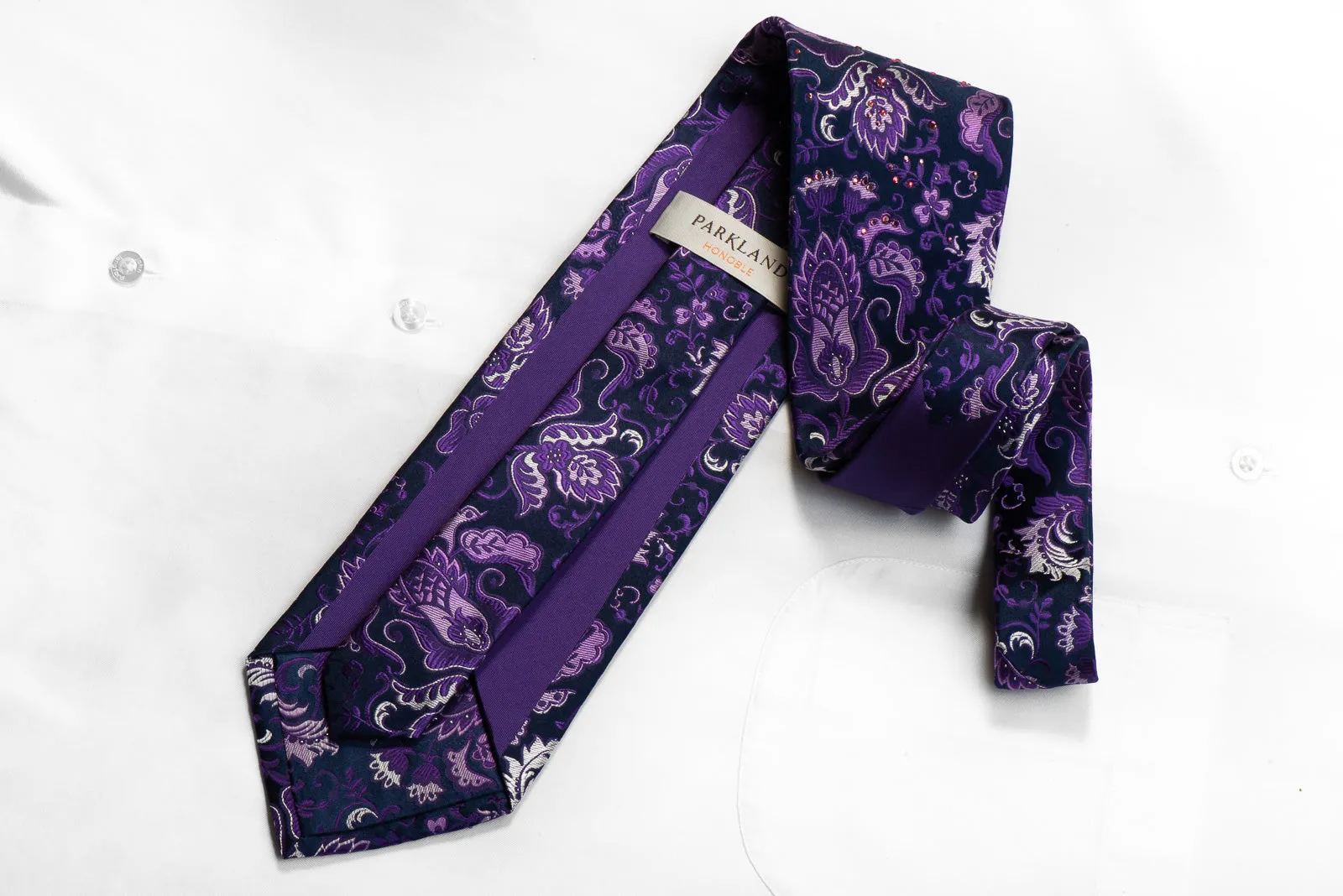Parkland Rhinestone Silk Necktie Purple Anthemion On Navy With Sparkles