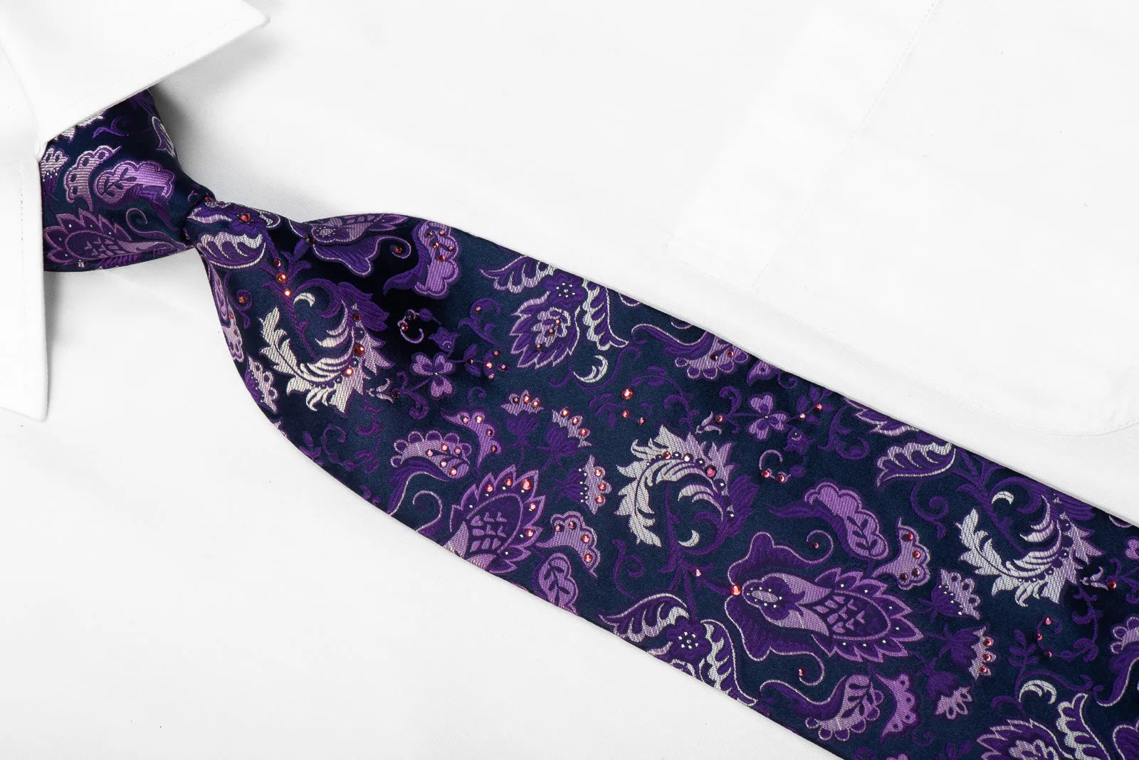 Parkland Rhinestone Silk Necktie Purple Anthemion On Navy With Sparkles