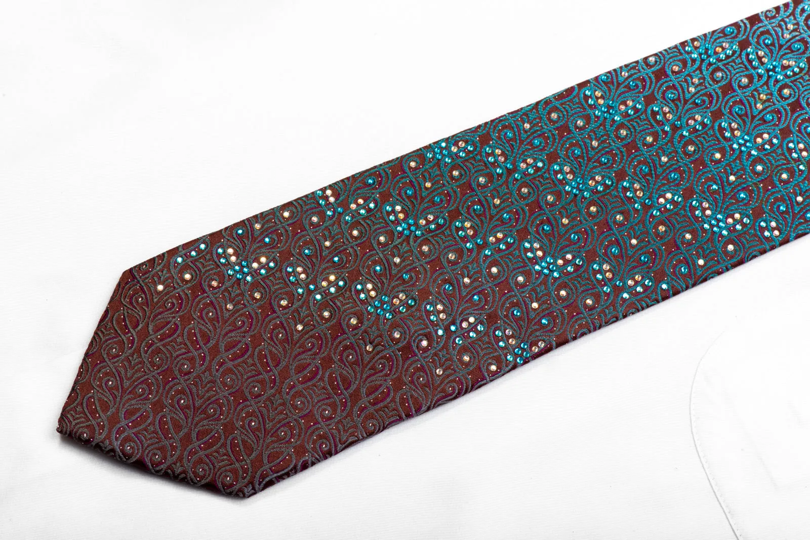 Parkland Rhinestone Silk Tie Silver Teal Anthemion Waves On Brown With Sparkles