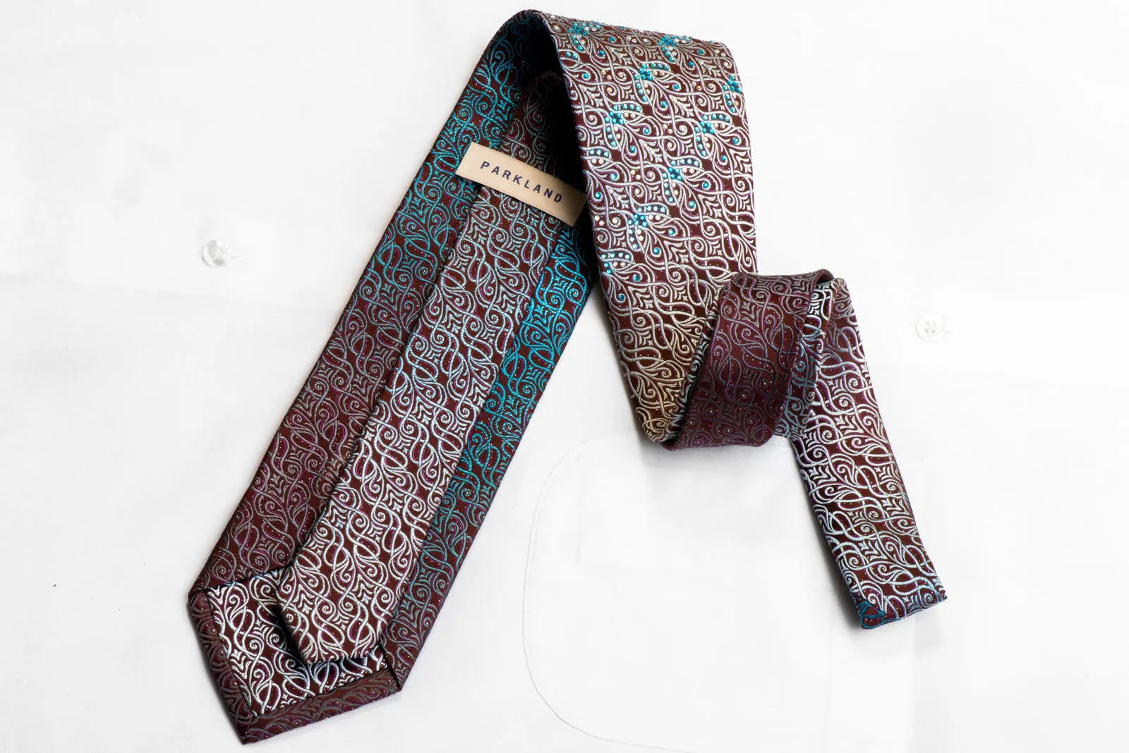 Parkland Rhinestone Silk Tie Silver Teal Anthemion Waves On Brown With Sparkles