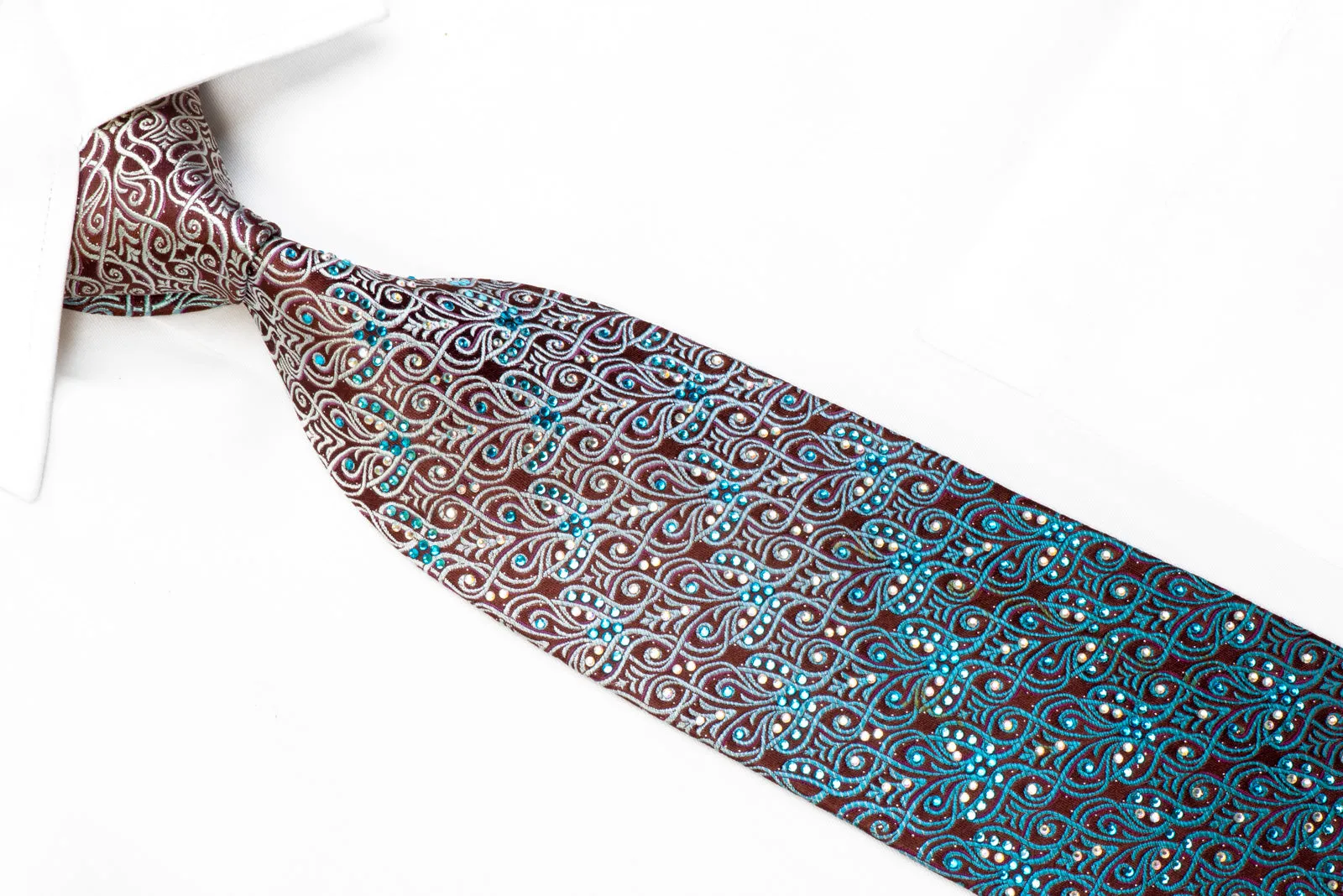 Parkland Rhinestone Silk Tie Silver Teal Anthemion Waves On Brown With Sparkles