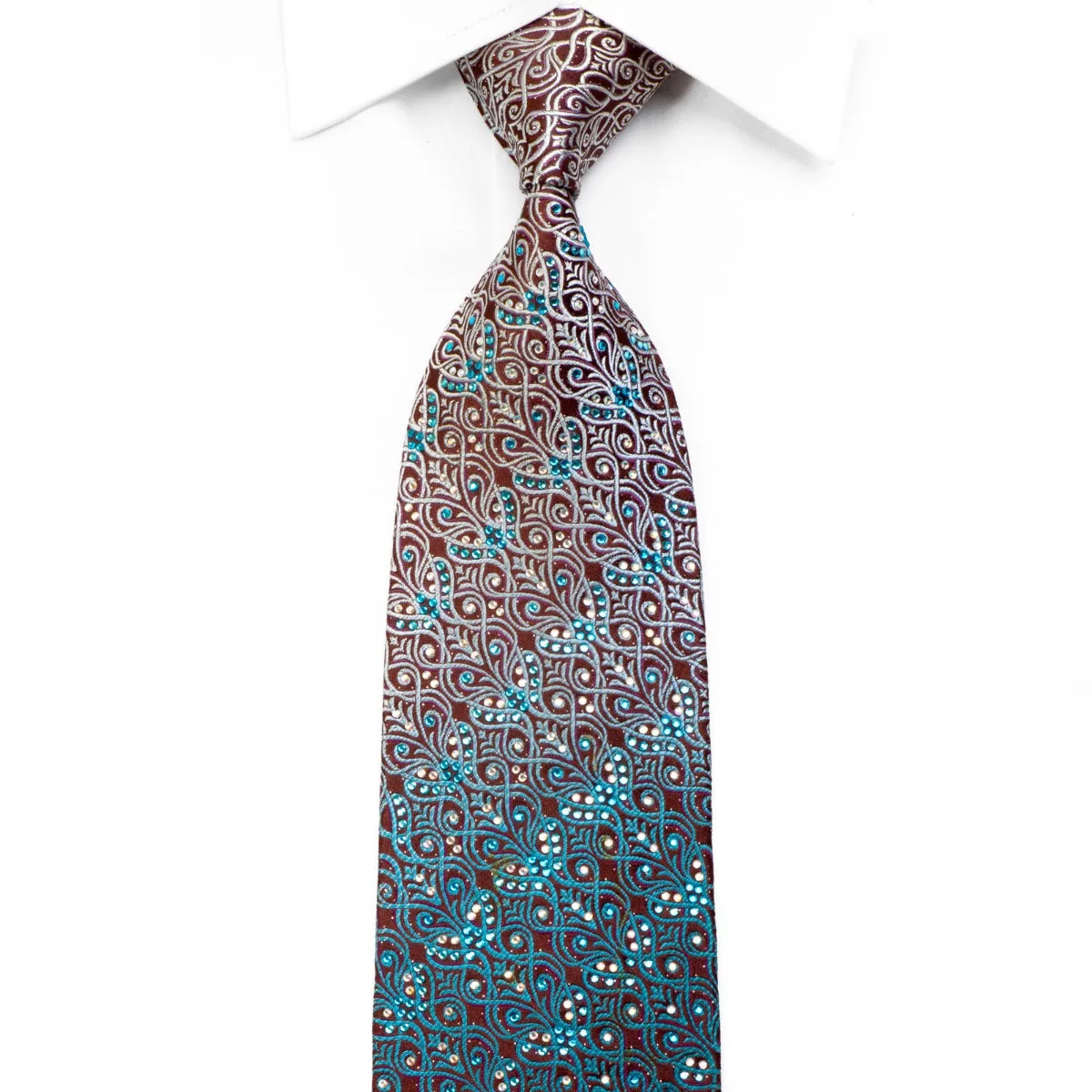 Parkland Rhinestone Silk Tie Silver Teal Anthemion Waves On Brown With Sparkles