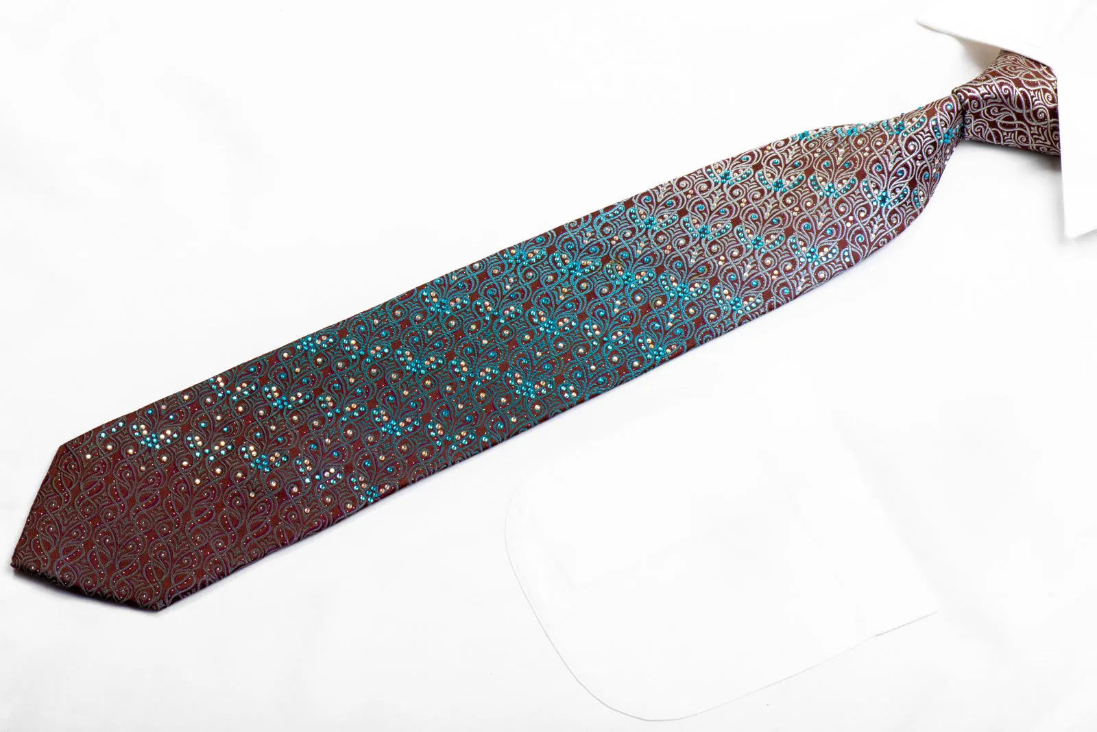 Parkland Rhinestone Silk Tie Silver Teal Anthemion Waves On Brown With Sparkles