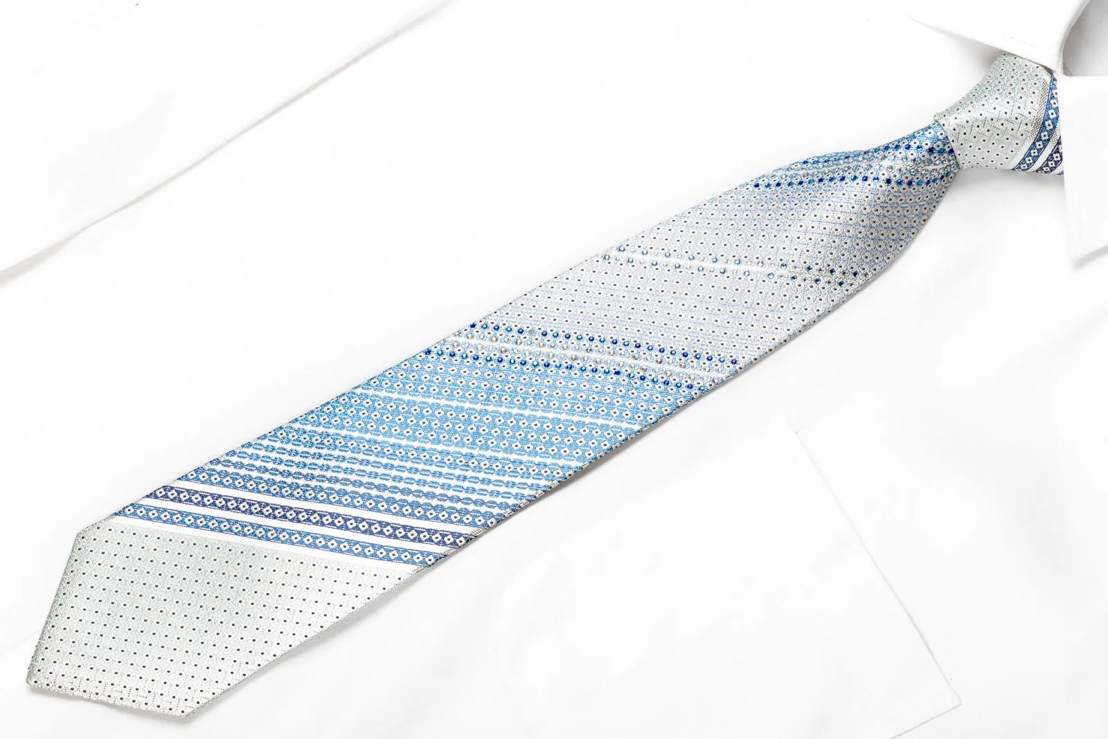 Pierre Cardin Men's Crystal Silk Necktie Dot's & Striped On Blue With Silver Sparkles