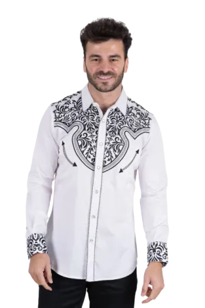 Platini Men's Cotton White Embroidery Western Shirt