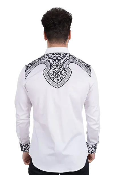 Platini Men's Cotton White Embroidery Western Shirt