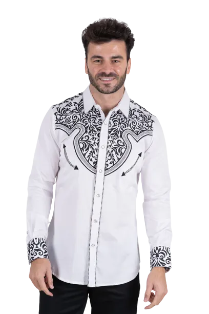 Platini Men's Cotton White Embroidery Western Shirt