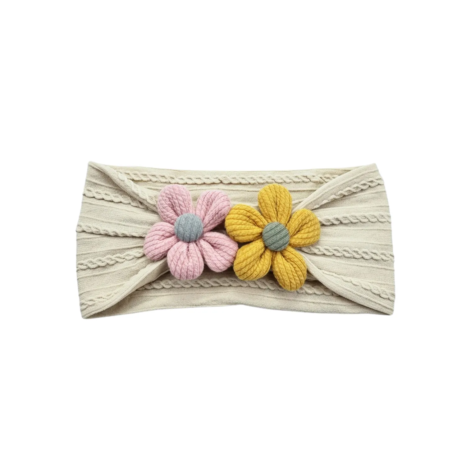 Plush Double Flower Baby Headband in Ivory