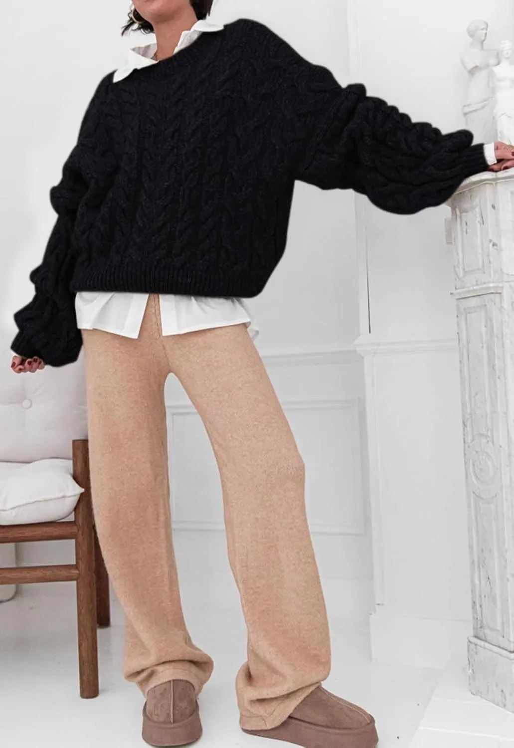 PRETTYGARDEN Womens Sweaters Spring 2025 Cable Knit Long Sleeve Crewneck Oversized Sweater Chunky Pullover Loose Outfits