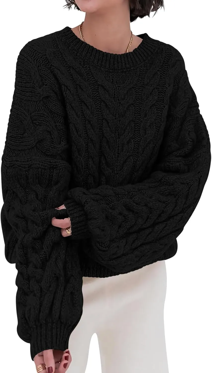 PRETTYGARDEN Womens Sweaters Spring 2025 Cable Knit Long Sleeve Crewneck Oversized Sweater Chunky Pullover Loose Outfits