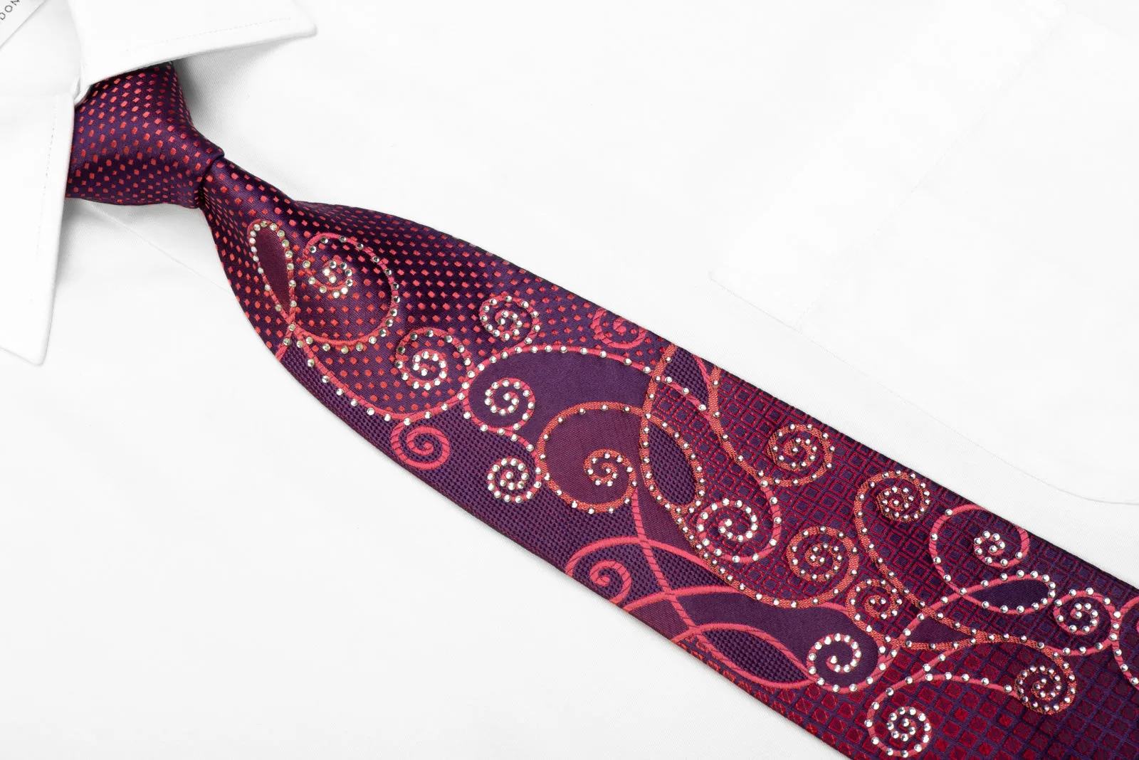 Remizio Rhinestone Silk Necktie Scrolls On Purple With Red Sparkles