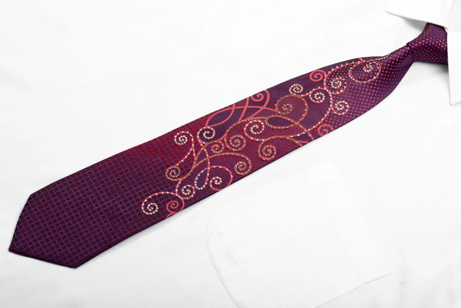 Remizio Rhinestone Silk Necktie Scrolls On Purple With Red Sparkles