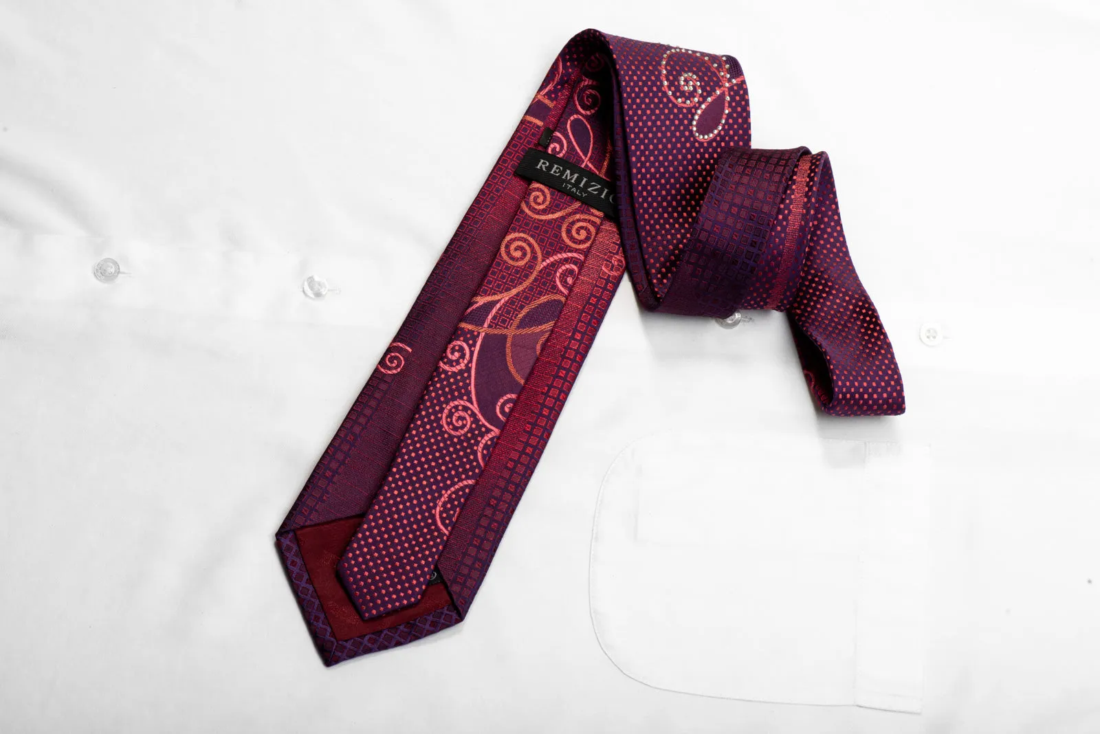 Remizio Rhinestone Silk Necktie Scrolls On Purple With Red Sparkles