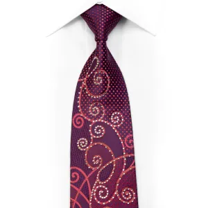 Remizio Rhinestone Silk Necktie Scrolls On Purple With Red Sparkles