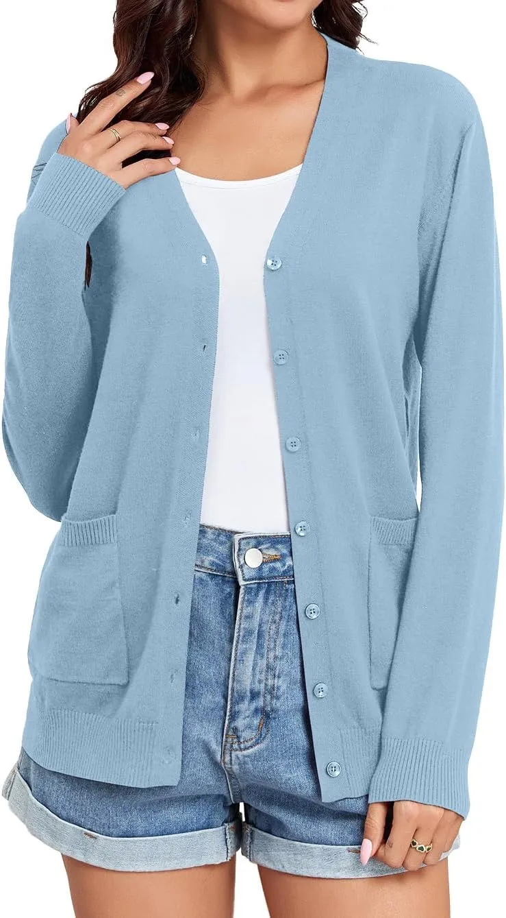 TASAMO Women's Lightweight Button Down Cardigan Sweaters Long Sleeve Classic V Neck Knit Soft Shrugs with Pocket