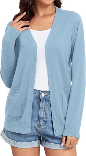 TASAMO Women's Lightweight Button Down Cardigan Sweaters Long Sleeve Classic V Neck Knit Soft Shrugs with Pocket