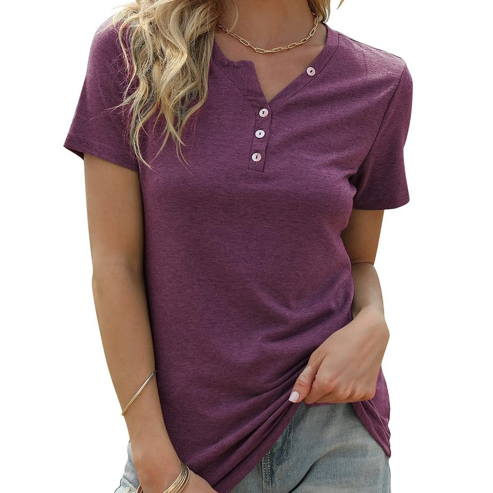 V Neck Button Up Casual Loose Short Sleeve Fashion Summer Shirt