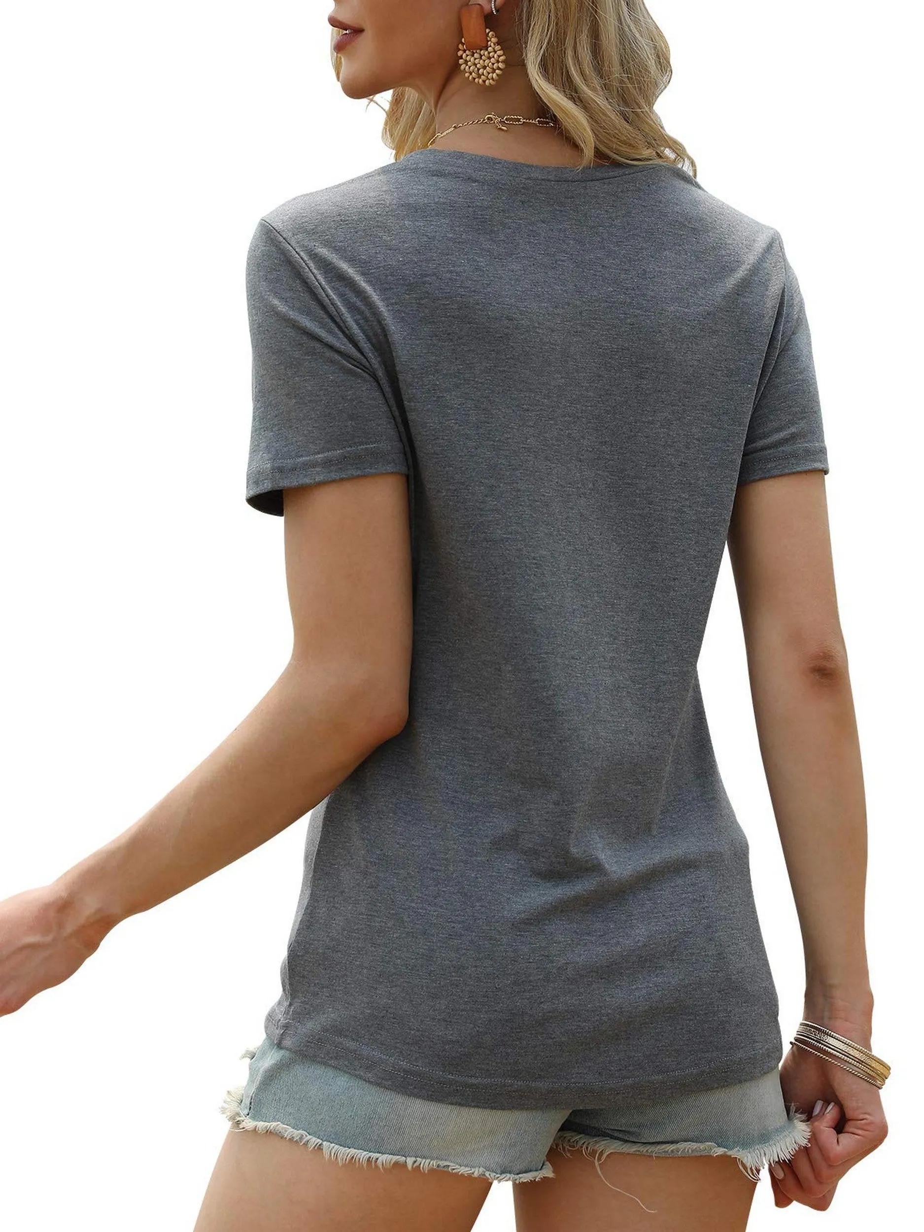 V Neck Button Up Casual Loose Short Sleeve Fashion Summer Shirt