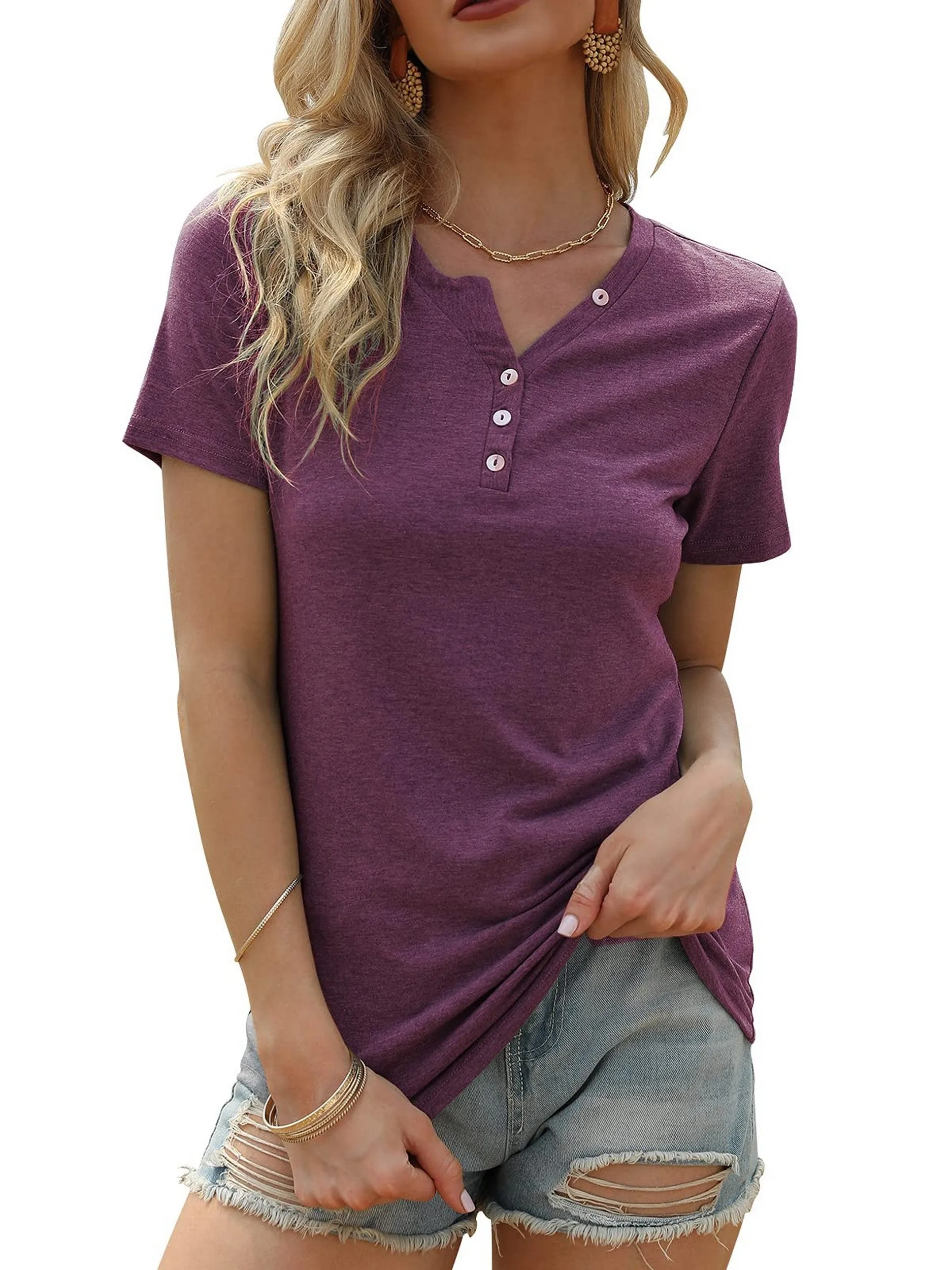 V Neck Button Up Casual Loose Short Sleeve Fashion Summer Shirt