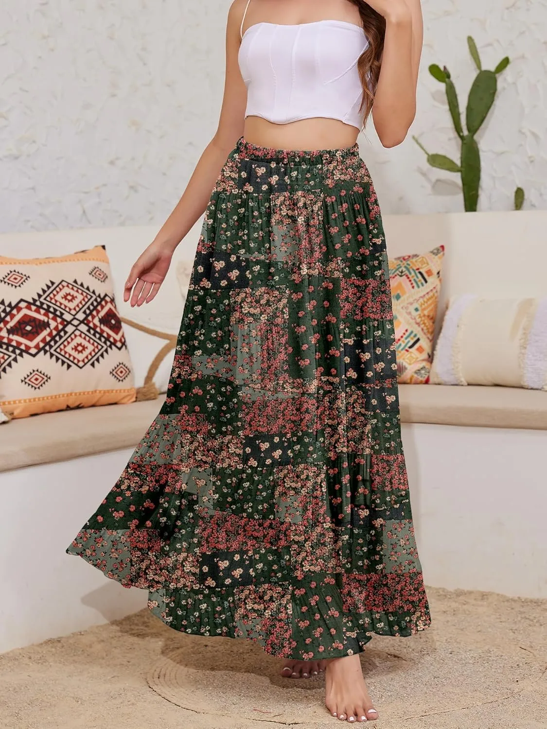 Women's Flowy Maxi Skirt Boho Summer Beach High Waisted Casual A-Line Pleated Long Skirts with Pockets