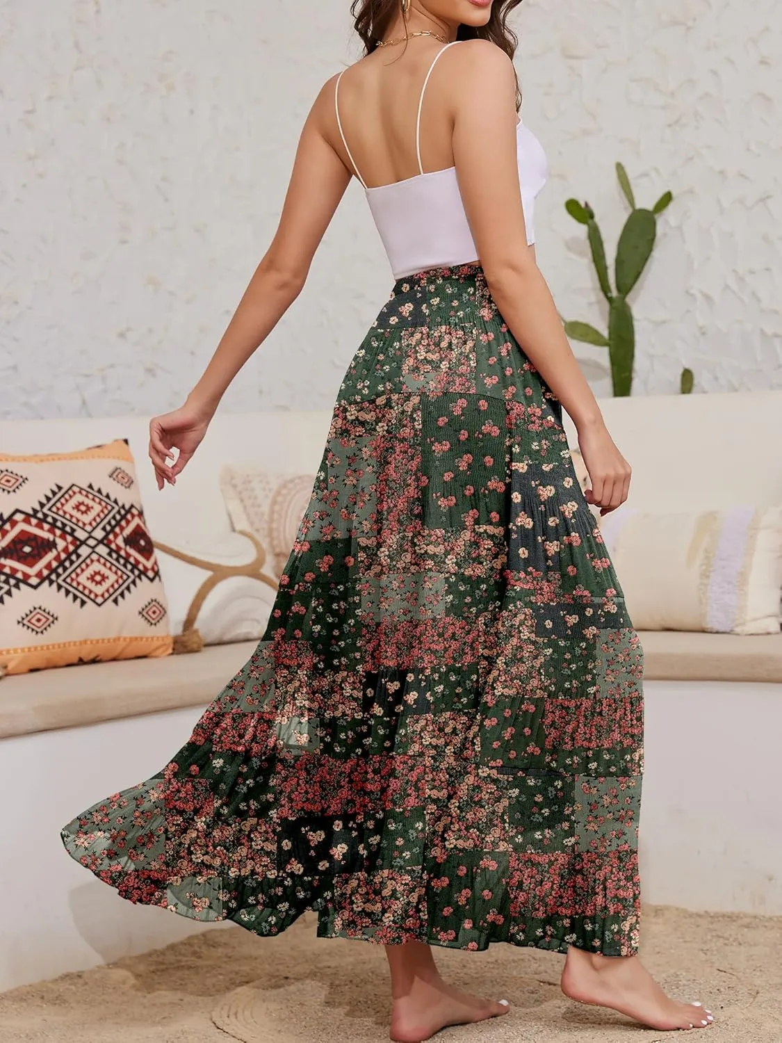 Women's Flowy Maxi Skirt Boho Summer Beach High Waisted Casual A-Line Pleated Long Skirts with Pockets