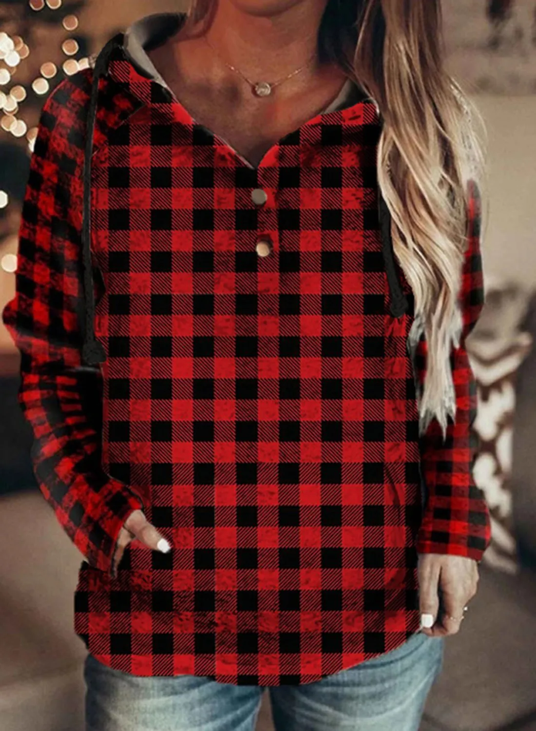Women's Hoodies Plaid Drawstring Button Long Sleeve Color Block Pocket Hoodies