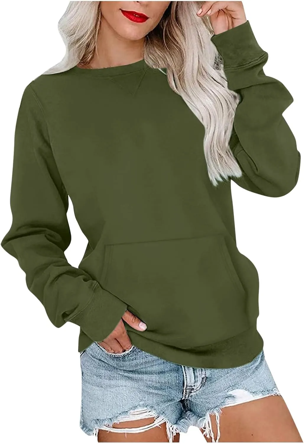 Women's Round Neck Sweatshirt Solid Plain Long Sleeve Pullover Shirts Slim Fit Tunic Comfy Casual Outfits