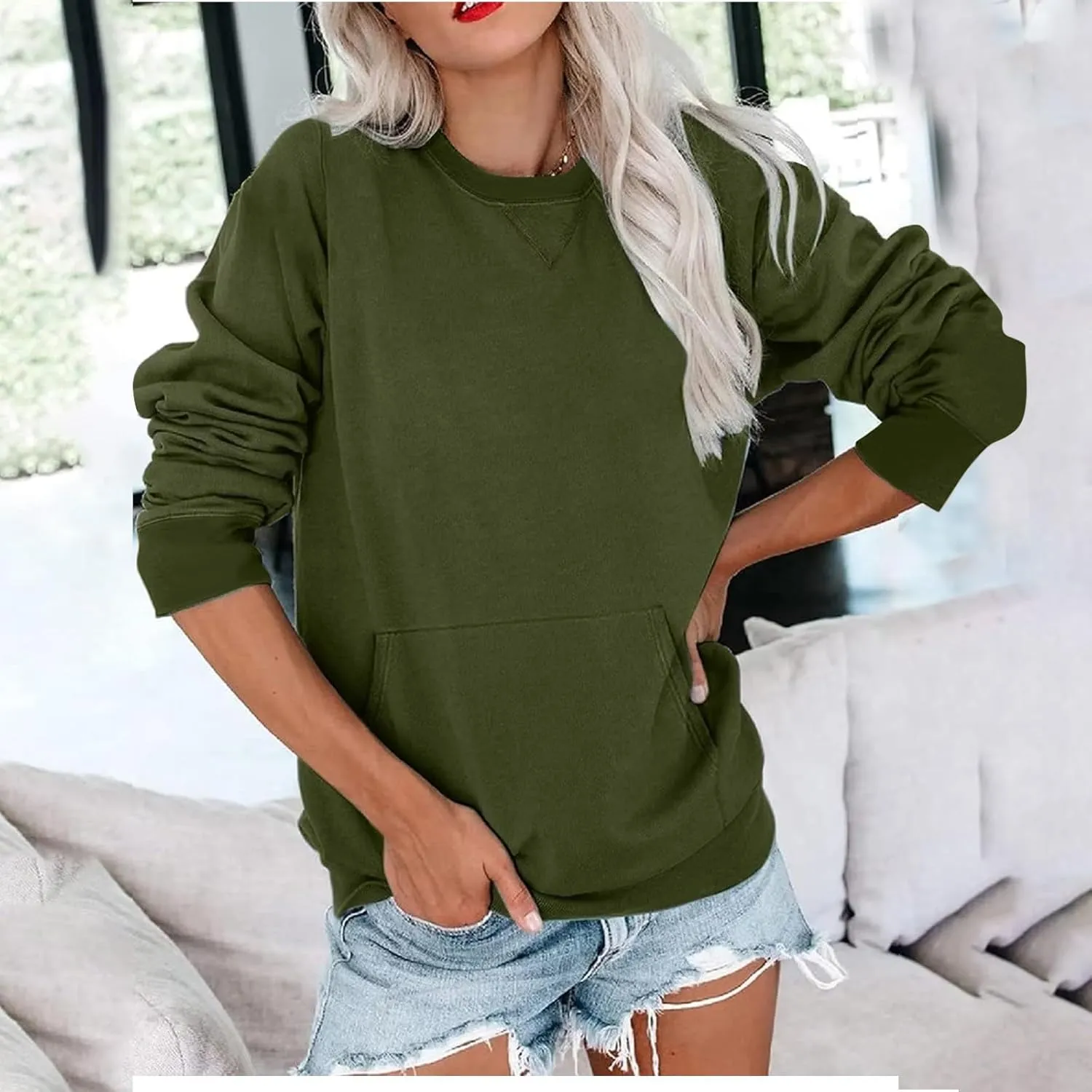 Women's Round Neck Sweatshirt Solid Plain Long Sleeve Pullover Shirts Slim Fit Tunic Comfy Casual Outfits