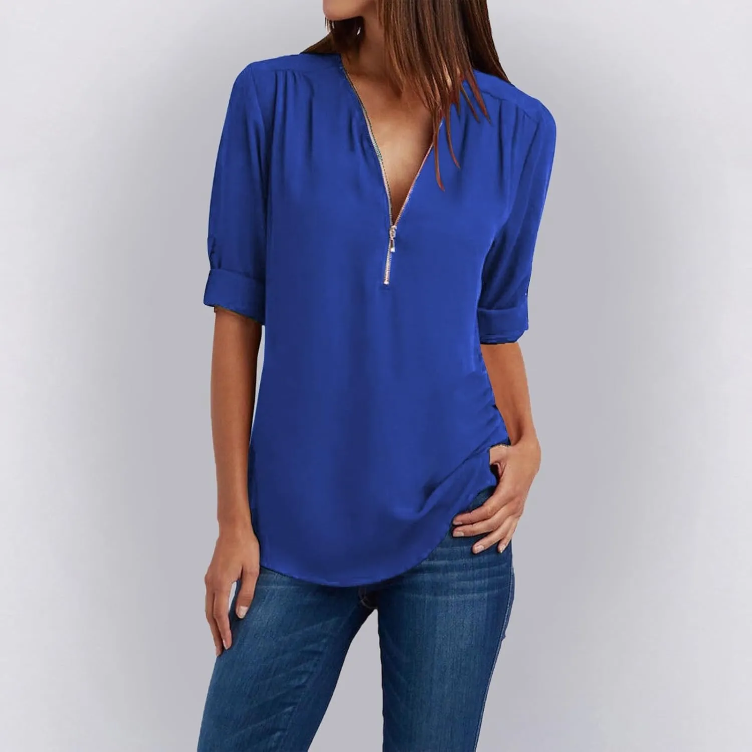Womens Summer Tops 2025 Plus Size Zip Front 3/4 Sleeve Shirts V Neck Blouses Tunic Top Trendy Dressy Casual Outfits
